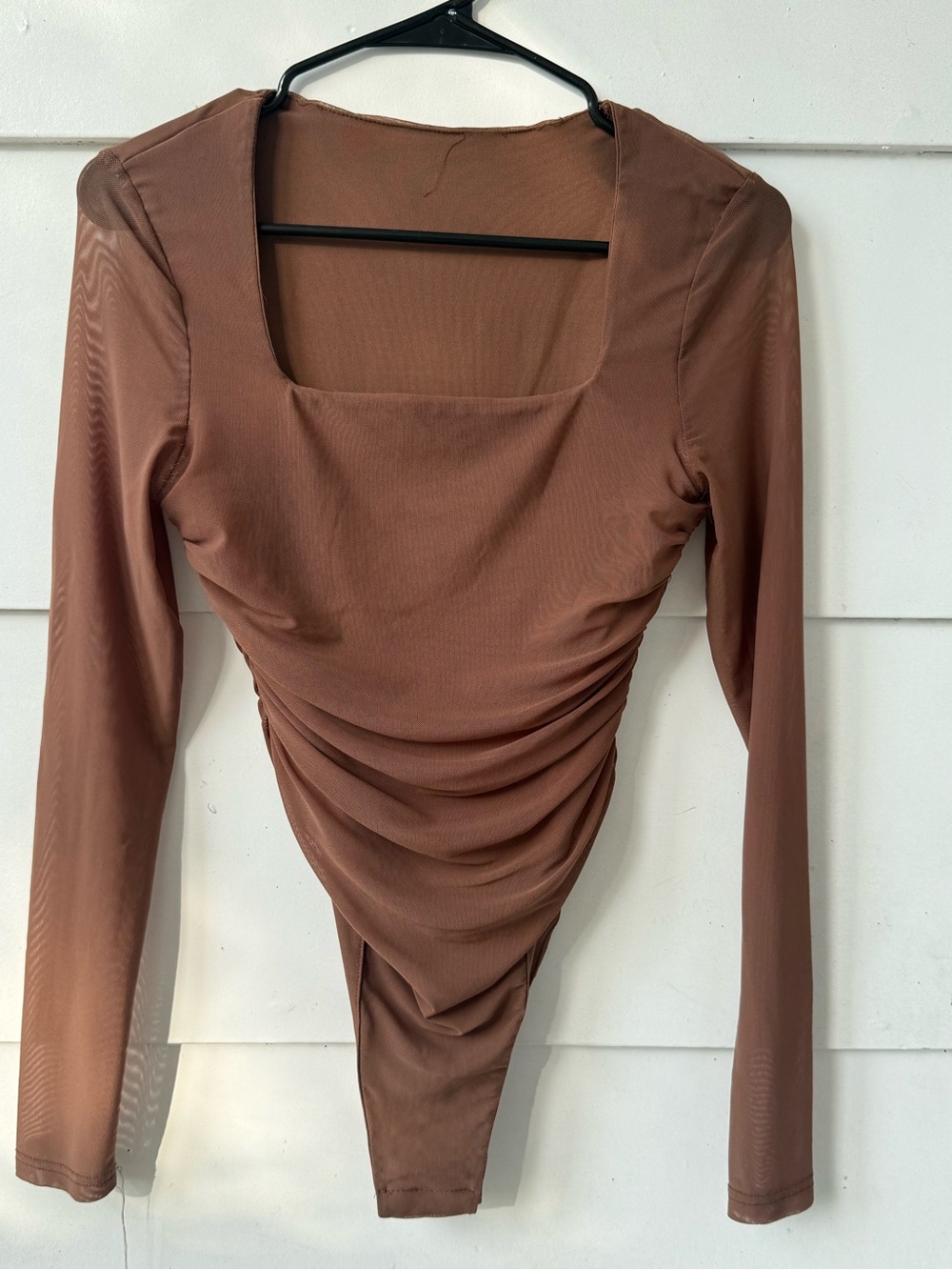 Square-Neck Ruched Long-Sleeve Bodysuit in Chocolate Brown
